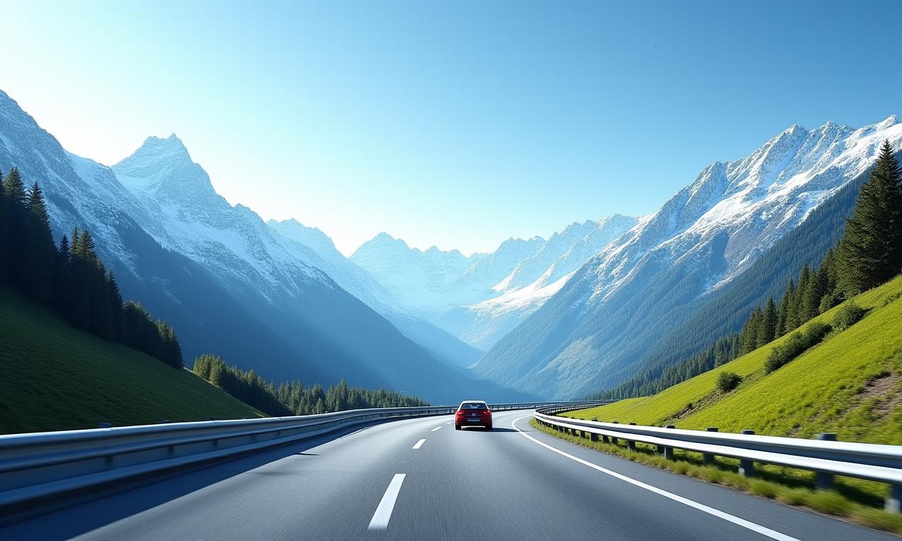 Scenic Swiss highway with a car driving, clear blue skies and majestic Alps in the background.